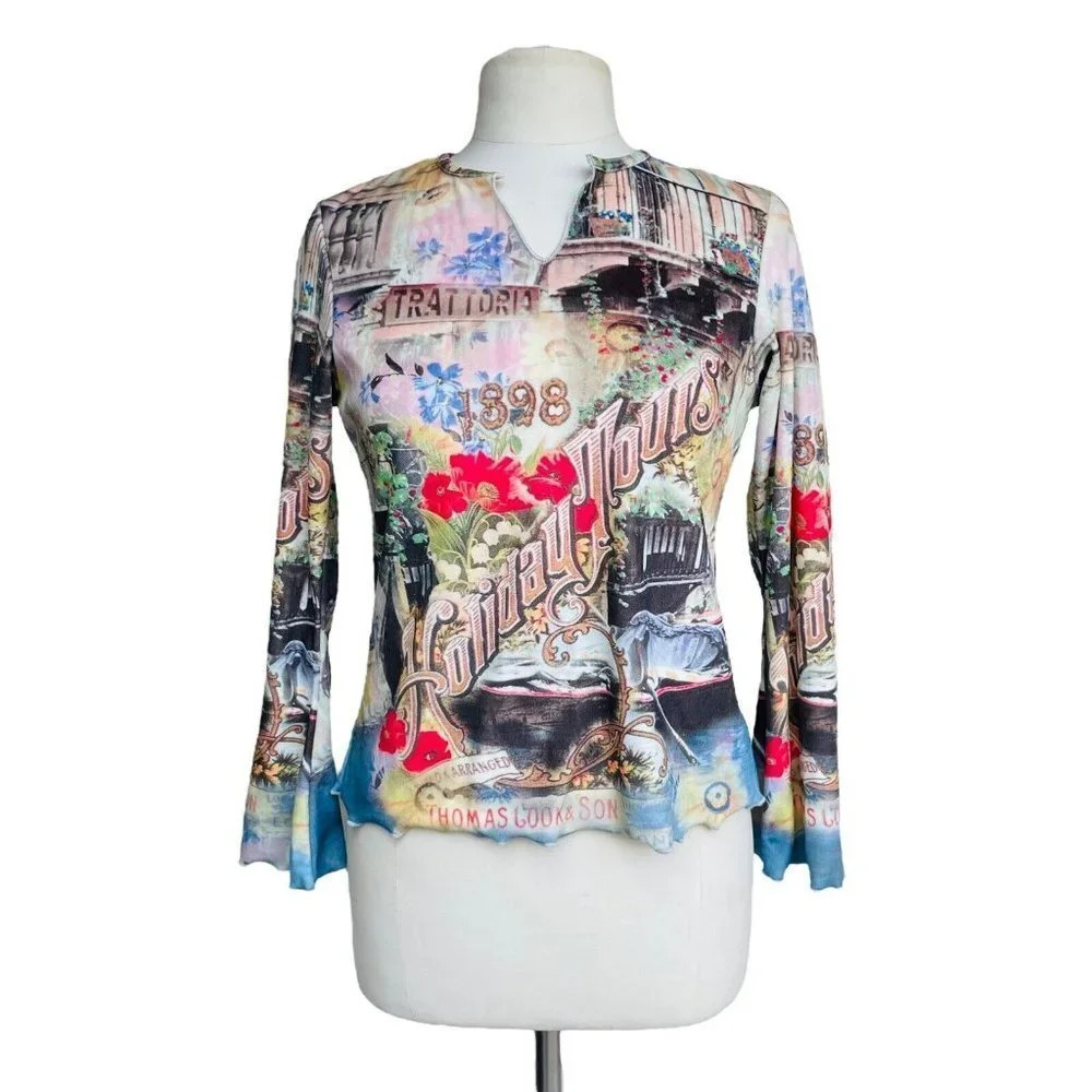 ONE WORLD Women’s Sz S Multicolor Velour Victorian Artsy Prints Long Sleeve Top